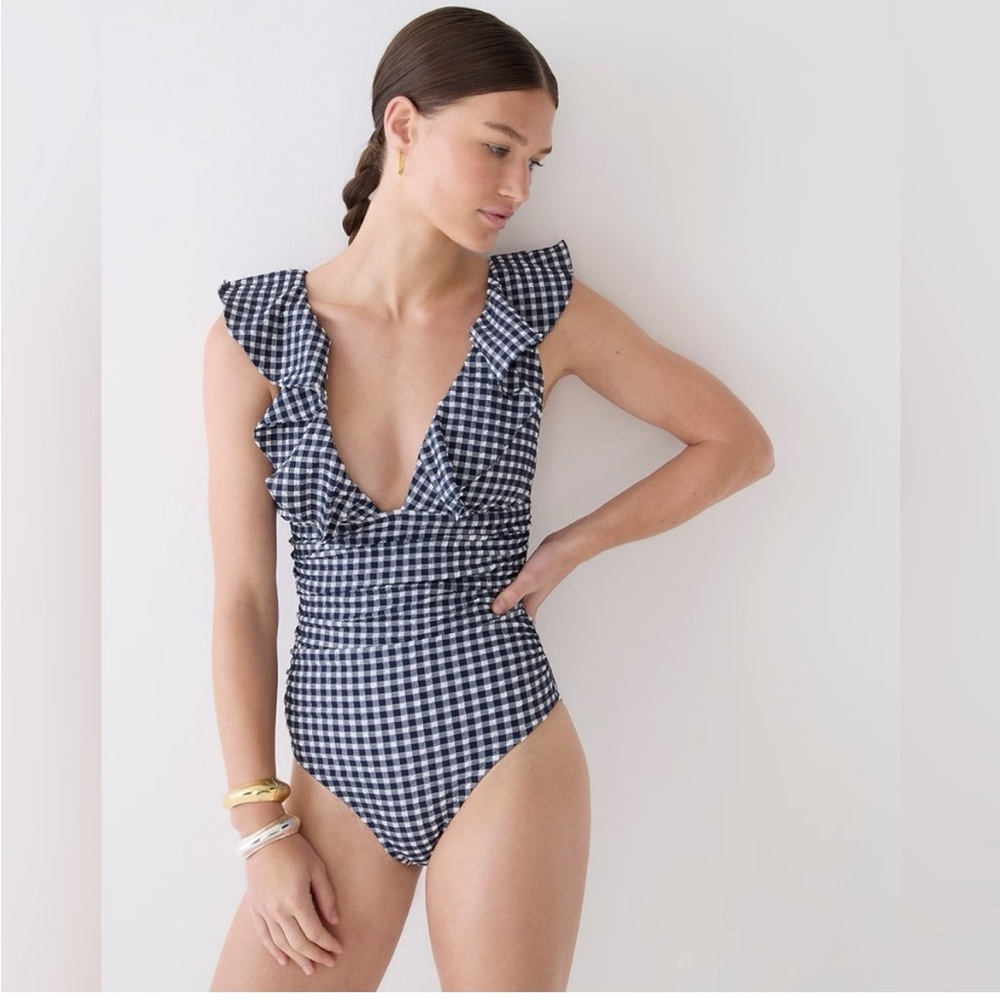 J. Crew Navy and White Gingham Ruffle One-Piece Swimsuit